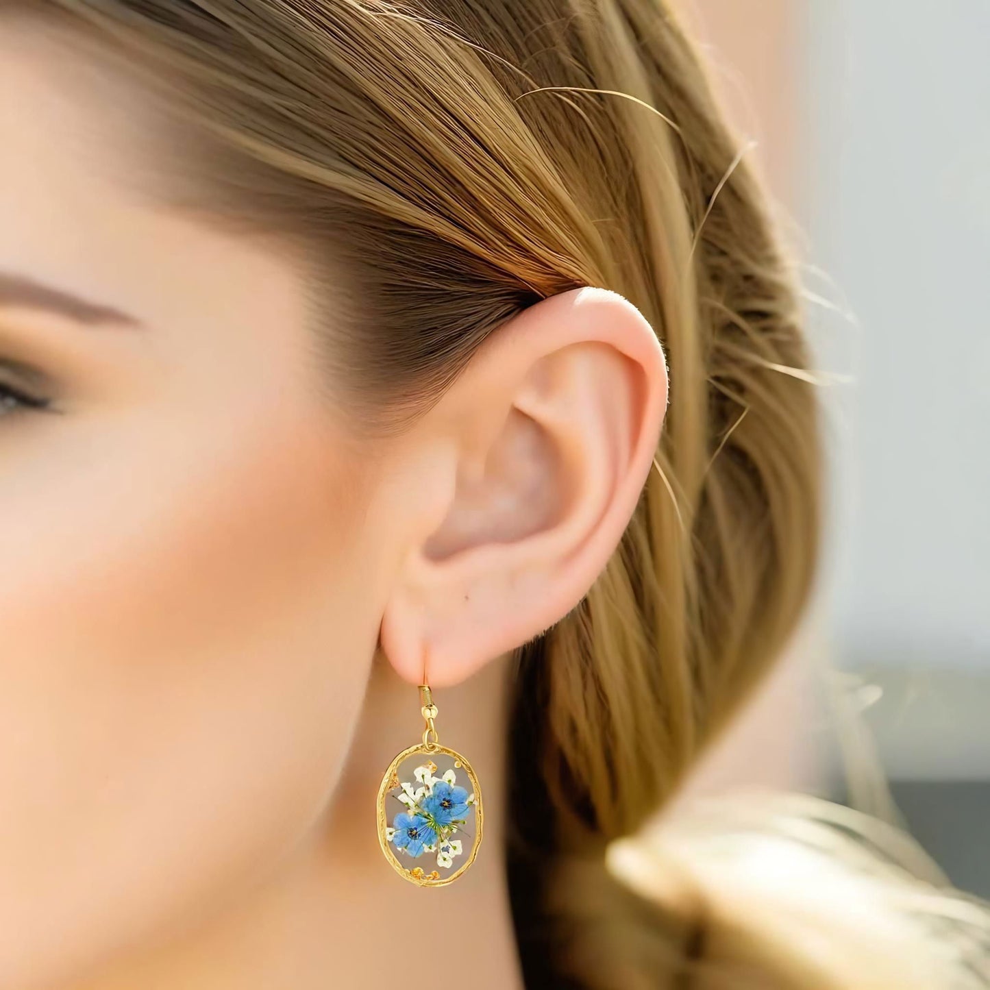 Blue Oval Earrings (Gold Plated)